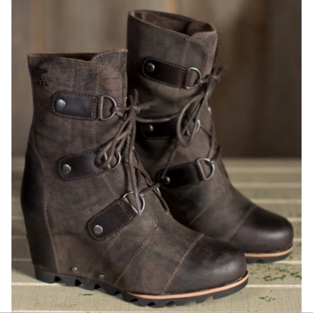 Sorel Joan of Arctic Wedge Mid Waterproof Leather Boots Size 6 Grill Black